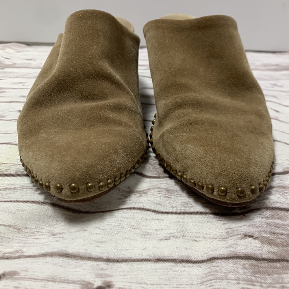 Carlleen Cordero Tan Suede Leather Slip On Block Mid Heels Studs Slip On Clogs - Picture 2 of 10